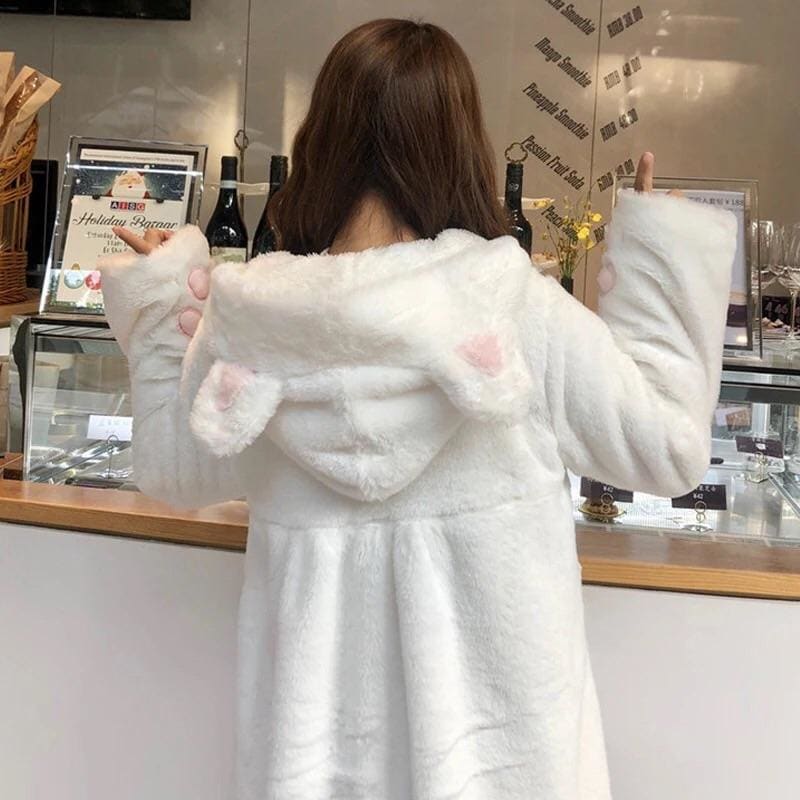 Soft Kawaii Girl Cat Ears Paw Plush Hoodie Jacket - White / 