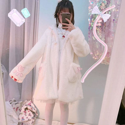 Soft Kawaii Girl Cat Ears Paw Plush Hoodie Jacket - White / 