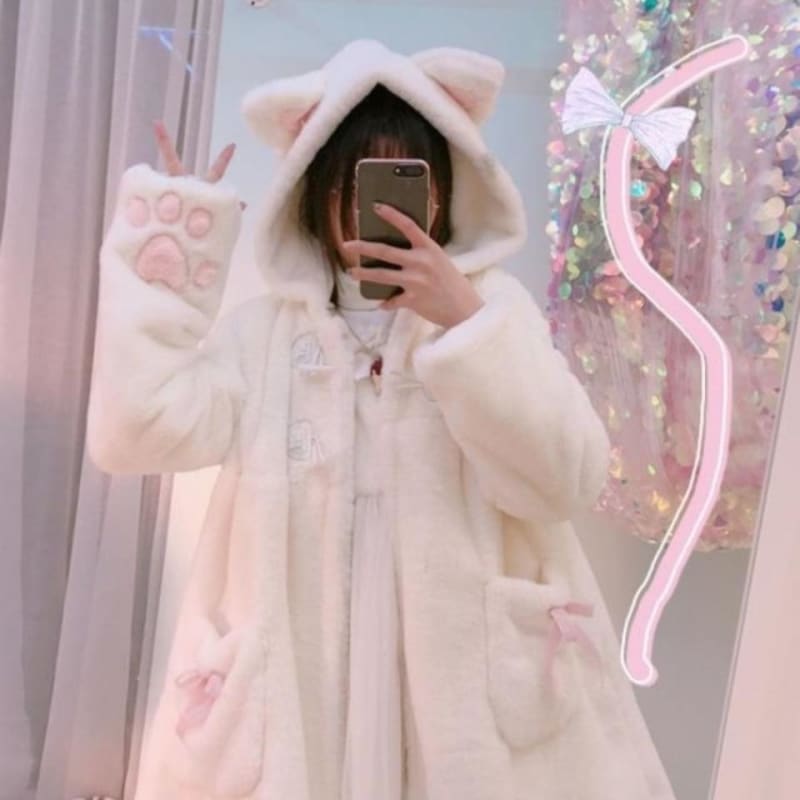 Soft Kawaii Girl Cat Ears Paw Plush Hoodie Jacket - White / 