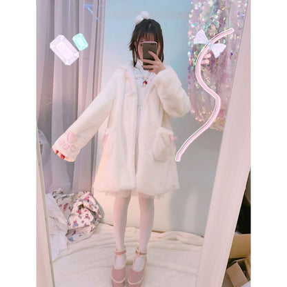 Soft Kawaii Girl Cat Ears Paw Plush Hoodie Jacket - White / 