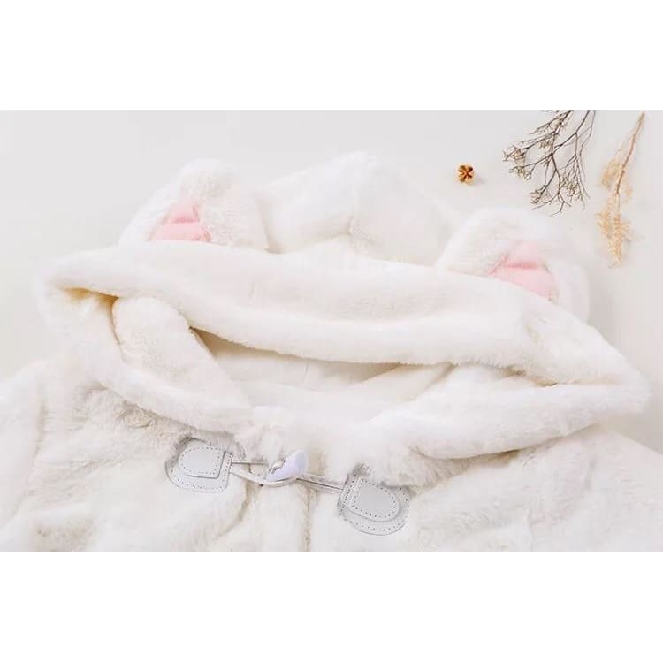 Soft Kawaii Girl Cat Ears Paw Plush Hoodie Jacket - White / 