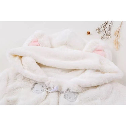 Soft Kawaii Girl Cat Ears Paw Plush Hoodie Jacket - White / 