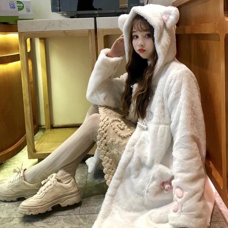 Soft Kawaii Girl Cat Ears Paw Plush Hoodie Jacket - White / 