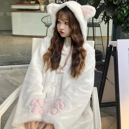 Soft Kawaii Girl Cat Ears Paw Plush Hoodie Jacket - White / 