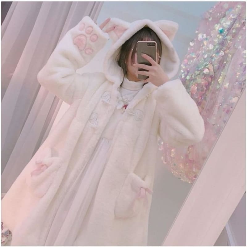 Soft Kawaii Girl Cat Ears Paw Plush Hoodie Jacket - White / 