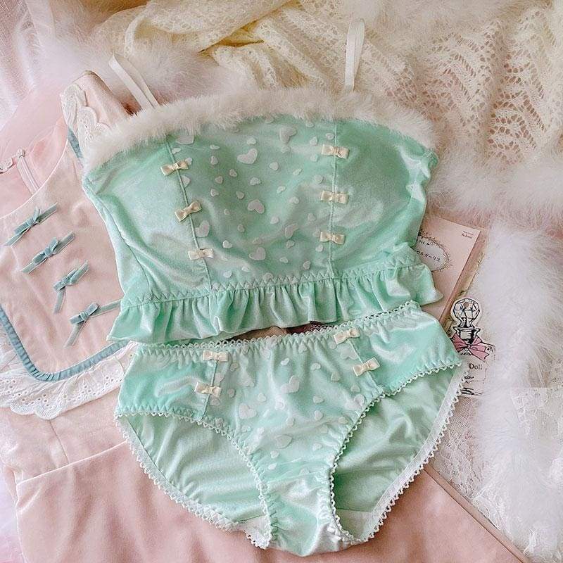 Soft Mint Heart Kawaii Princess Sweet Kawaii Lingerie Set - 