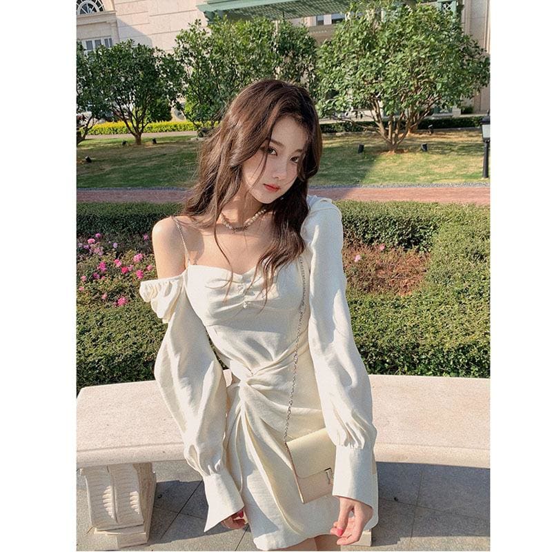 Solid Color Suspender Long-sleeved Party Dress