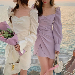 Solid Color Suspender Long-sleeved Party Dress