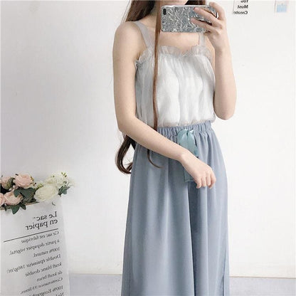 Spring/Summer Comfy Casual Fashion White Top and Blue Pants Set MM1306 - KawaiiMoriStore