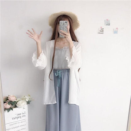 Spring/Summer Comfy Casual Fashion White Top and Blue Pants Set MM1306 - KawaiiMoriStore