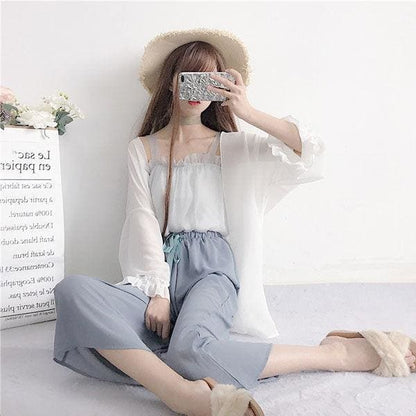 Spring/Summer Comfy Casual Fashion White Top and Blue Pants Set MM1306 - KawaiiMoriStore