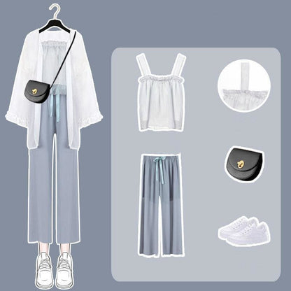 Spring/Summer Comfy Casual Fashion White Top and Blue Pants Set MM1306 - KawaiiMoriStore