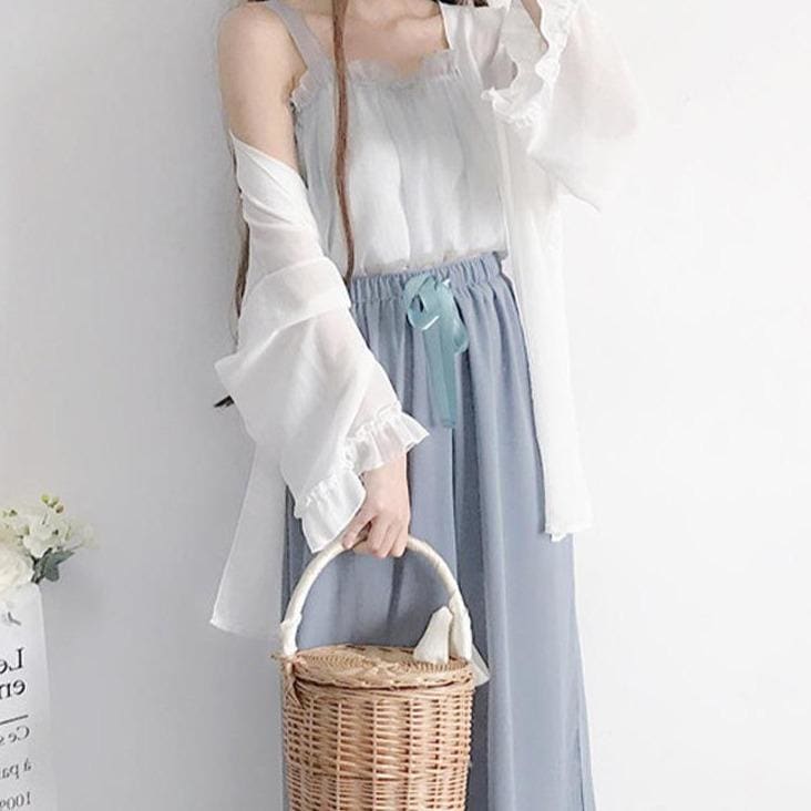 Spring/Summer Comfy Casual Fashion White Top and Blue Pants Set MM1306 - KawaiiMoriStore