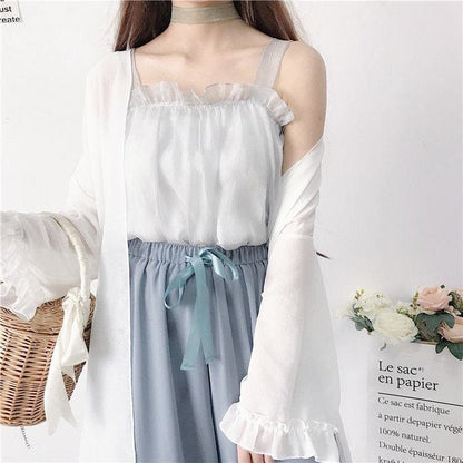 Spring/Summer Comfy Casual Fashion White Top and Blue Pants Set MM1306 - KawaiiMoriStore