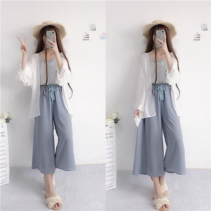 Spring/Summer Comfy Casual Fashion White Top and Blue Pants Set MM1306 - KawaiiMoriStore