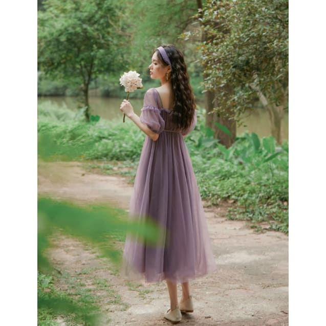 Square Collar Puff Sleeve Net Yarn Midi Dress