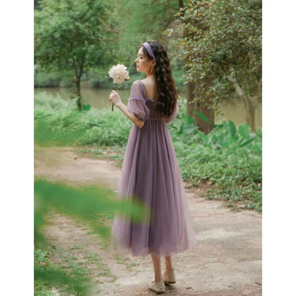 Square Collar Puff Sleeve Net Yarn Midi Dress