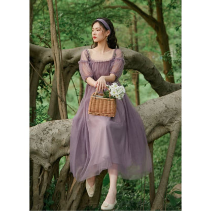 Square Collar Puff Sleeve Net Yarn Midi Dress