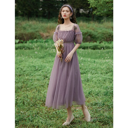 Square Collar Puff Sleeve Net Yarn Midi Dress