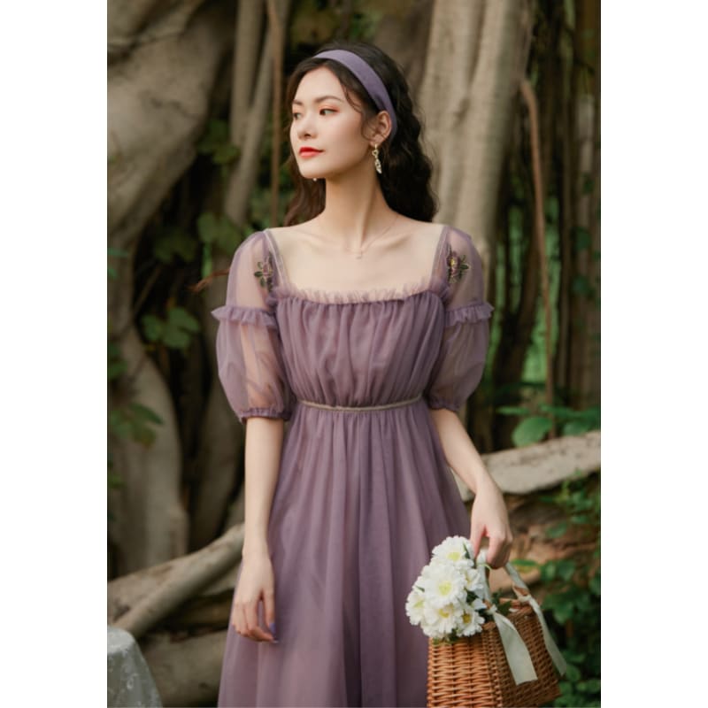 Square Collar Puff Sleeve Net Yarn Midi Dress