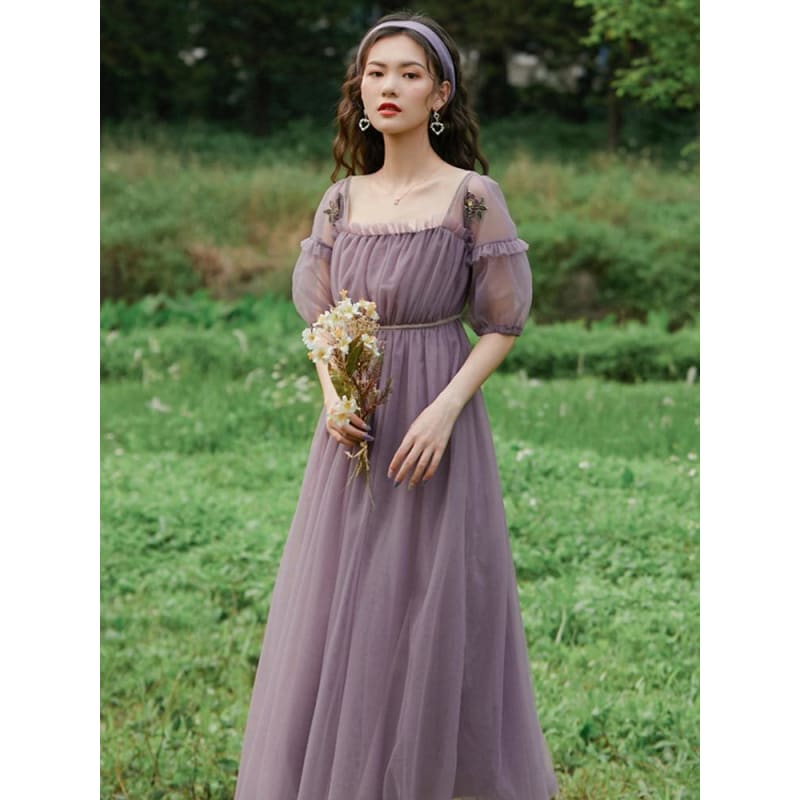 Square Collar Puff Sleeve Net Yarn Midi Dress