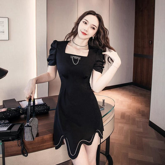 Square Neck Puff Sleeve Irregular Mini Dress