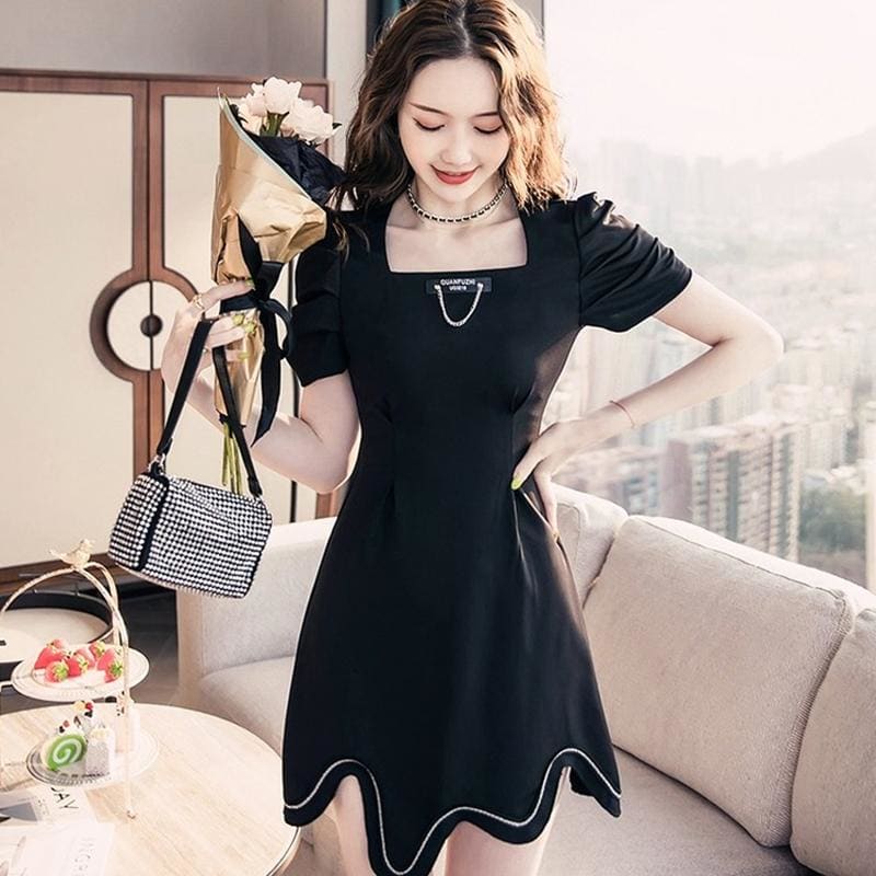 Square Neck Puff Sleeve Irregular Mini Dress