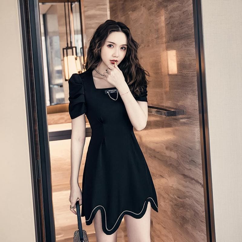 Square Neck Puff Sleeve Irregular Mini Dress