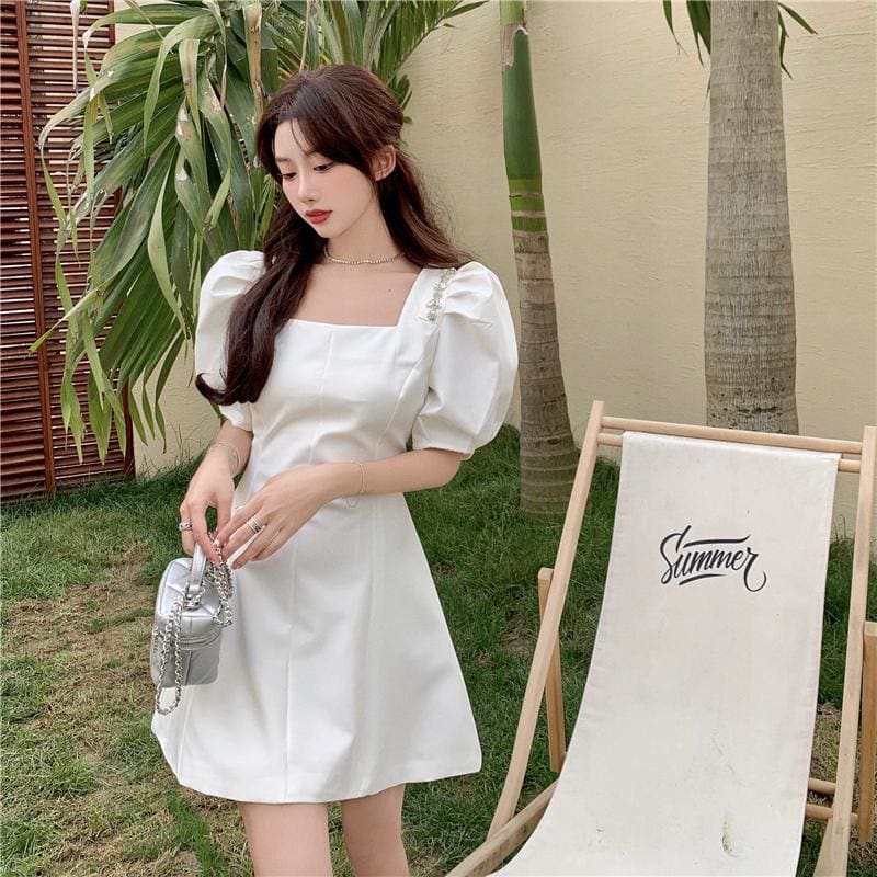 Square Neck Puff Sleeve Mini Dress