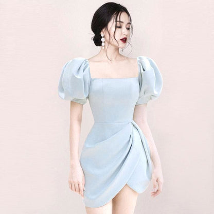 Square Neck Puff Sleeve Pleated Irregular Mini Dress