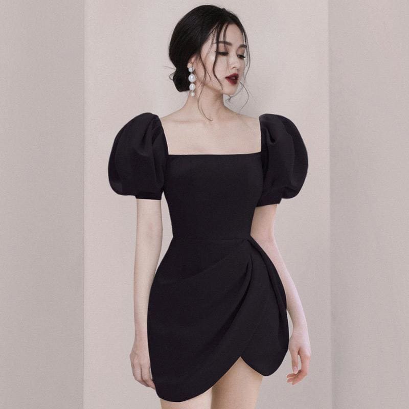 Square Neck Puff Sleeve Pleated Irregular Mini Dress