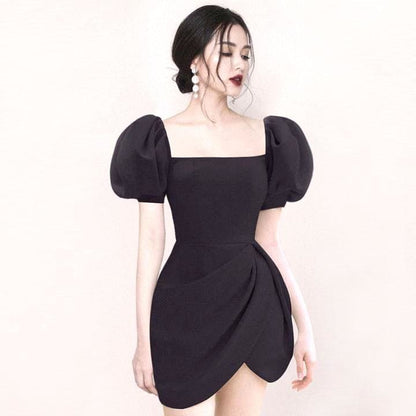 Square Neck Puff Sleeve Pleated Irregular Mini Dress