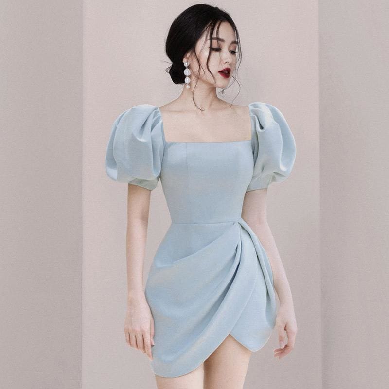 Square Neck Puff Sleeve Pleated Irregular Mini Dress