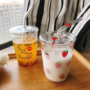 Strawberry Glass Water Cup With Straw MK14883 - KawaiiMoriStore
