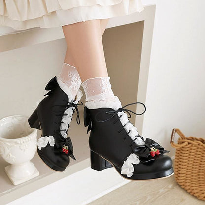 Strawberry Sweetheart Lolita Bows Lace-up Martin Boots MK15256 - KawaiiMoriStore