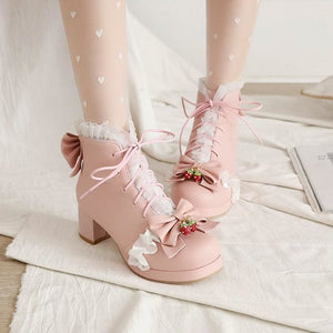 Strawberry Sweetheart Lolita Bows Lace-up Martin Boots MK15256 - KawaiiMoriStore