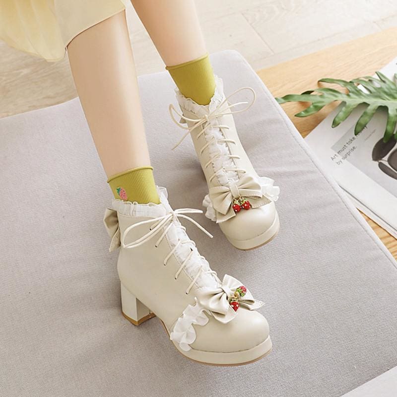 Strawberry Sweetheart Lolita Bows Lace-up Martin Boots MK15256 - KawaiiMoriStore