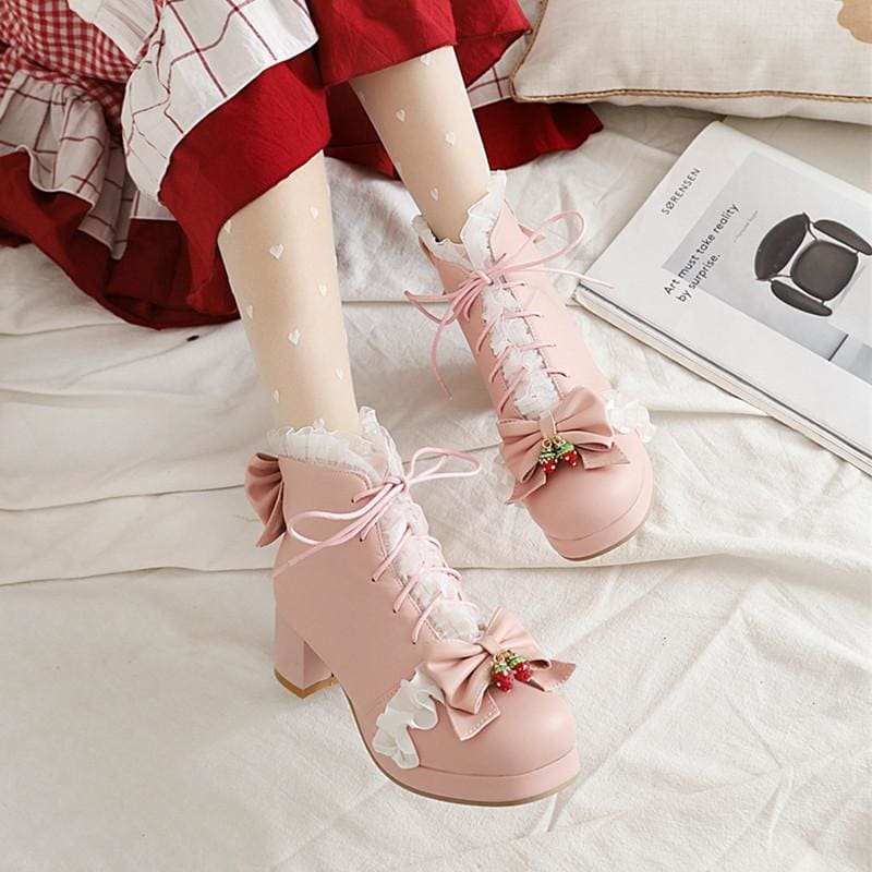 Strawberry Sweetheart Lolita Bows Lace-up Martin Boots MK15256 - KawaiiMoriStore