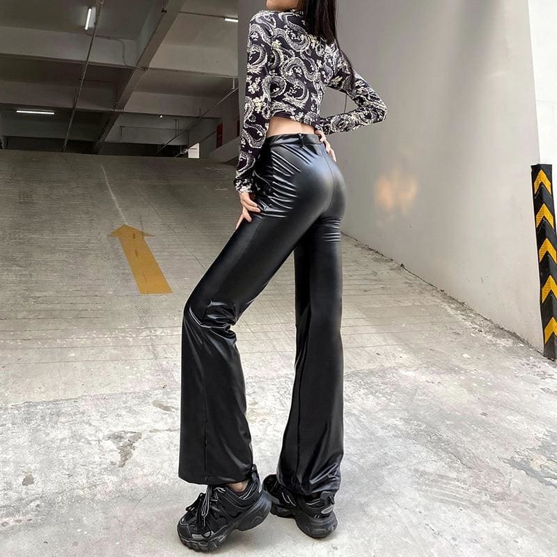 Streetwear Faux Leather Flare Pants - pants