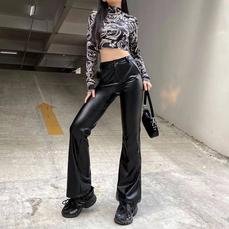 Streetwear Faux Leather Flare Pants - pants