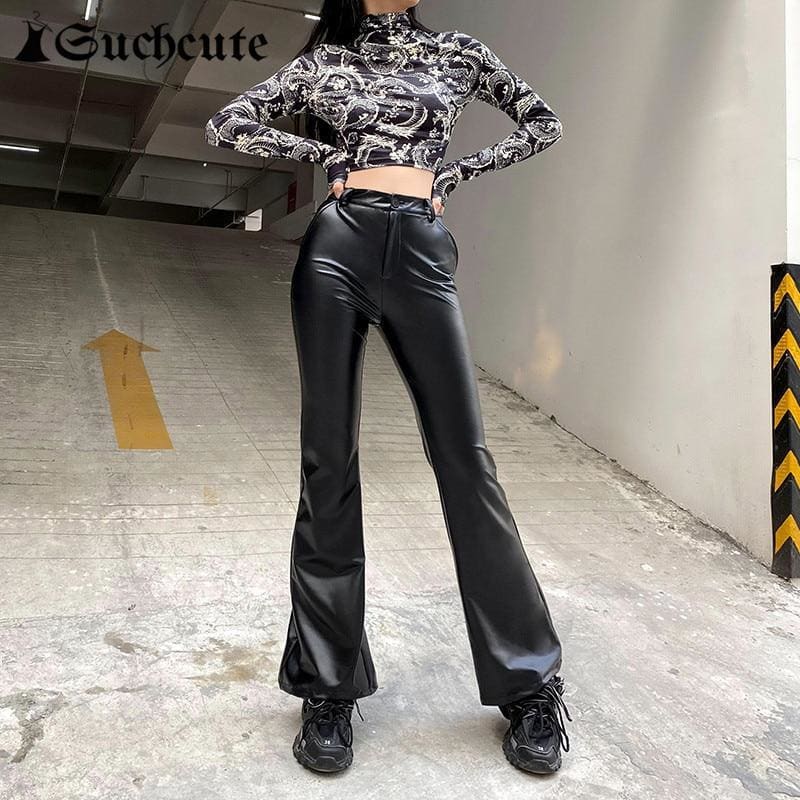 Streetwear Faux Leather Flare Pants - pants