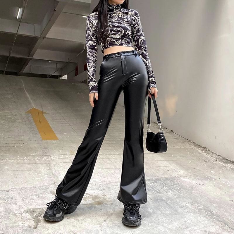 Streetwear Faux Leather Flare Pants - pants