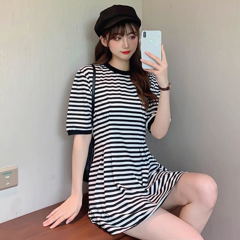 Striped Waist Round Neck Mini Dress