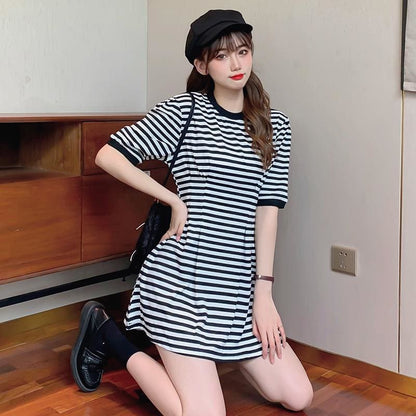 Striped Waist Round Neck Mini Dress