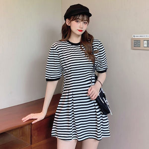 Striped Waist Round Neck Mini Dress