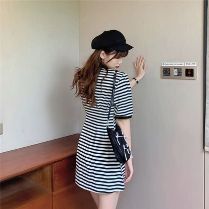 Striped Waist Round Neck Mini Dress