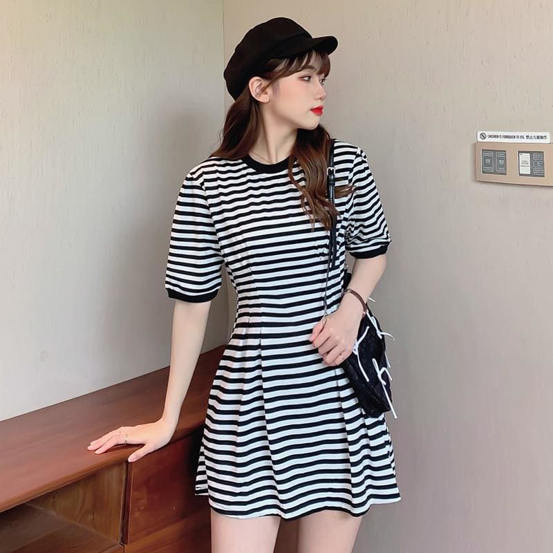 Striped Waist Round Neck Mini Dress