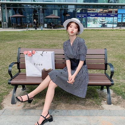 Striped Waist V-Neck Mini Dress