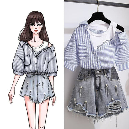 Summer 2 piece Striped Shirt and Shorts Set MK15003 - KawaiiMoriStore