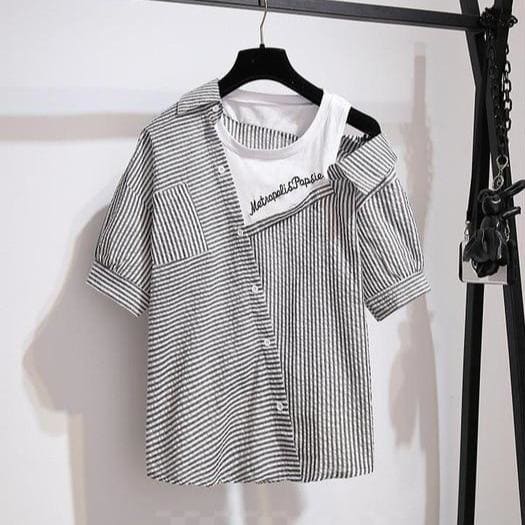 Summer 2 piece Striped Shirt and Shorts Set MK15003 - KawaiiMoriStore